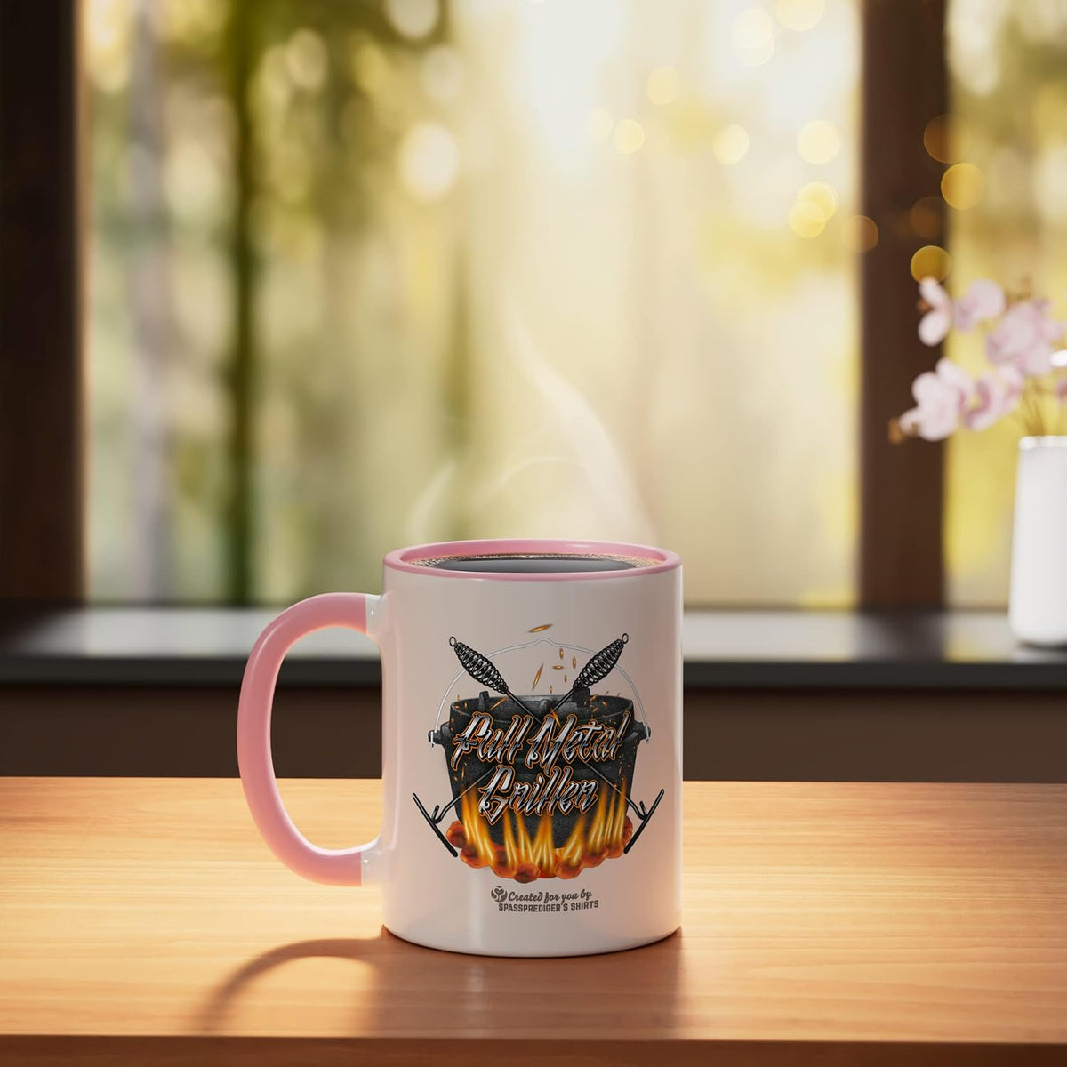 Dutch Oven Full Metal Griller Ceramic Mug, Pink/White
