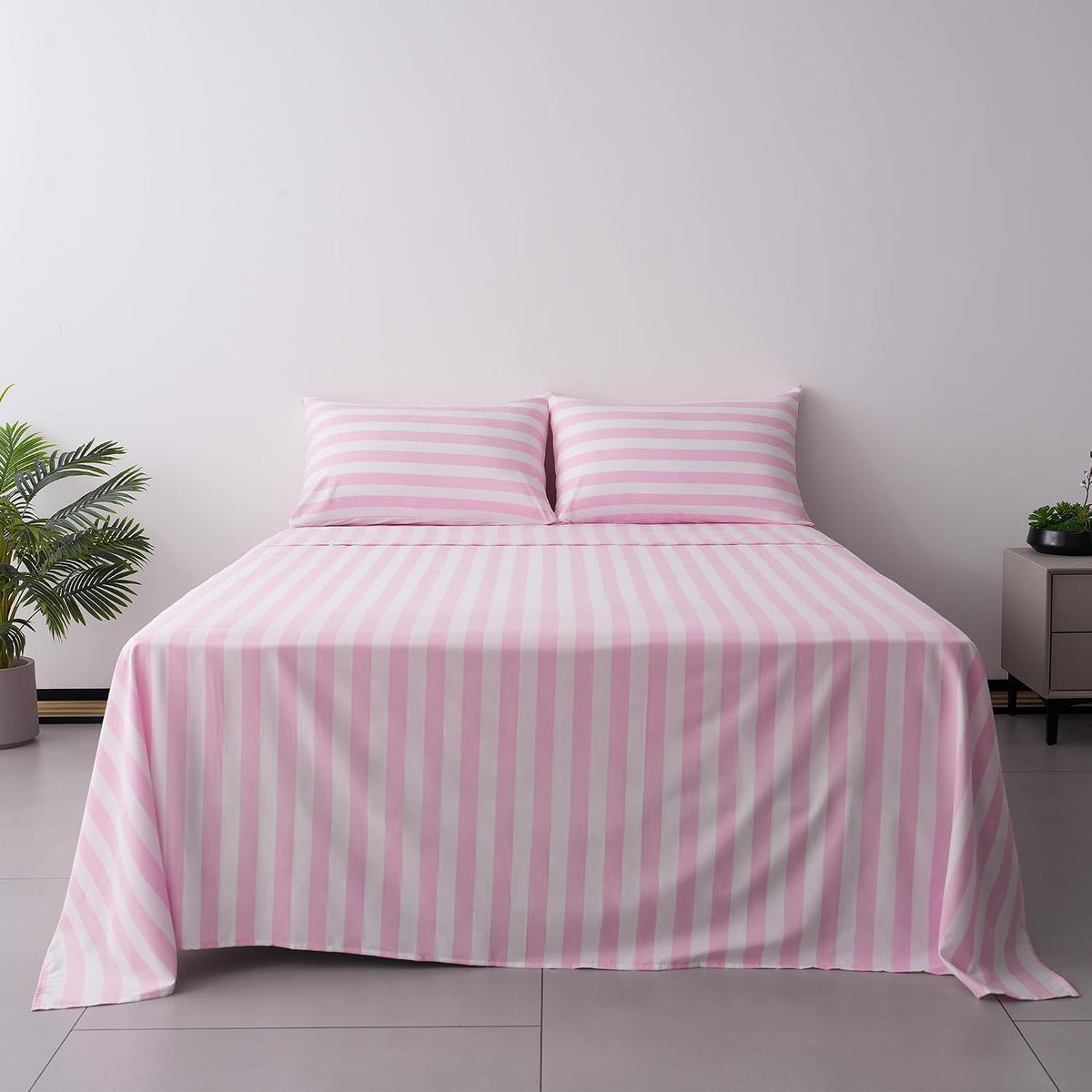 Queen Size Sheet Set 4 Piece -Pinstripe Microfiber Soft Durable Bedding Sheet Set,Deep Pocket,Stain,Fade & Wrinkle Resistant (Stripe Pink&White)