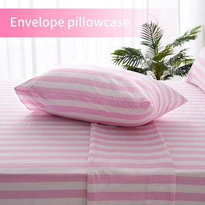 Queen Size Sheet Set 4 Piece -Pinstripe Microfiber Soft Durable Bedding Sheet Set,Deep Pocket,Stain,Fade & Wrinkle Resistant (Stripe Pink&White)