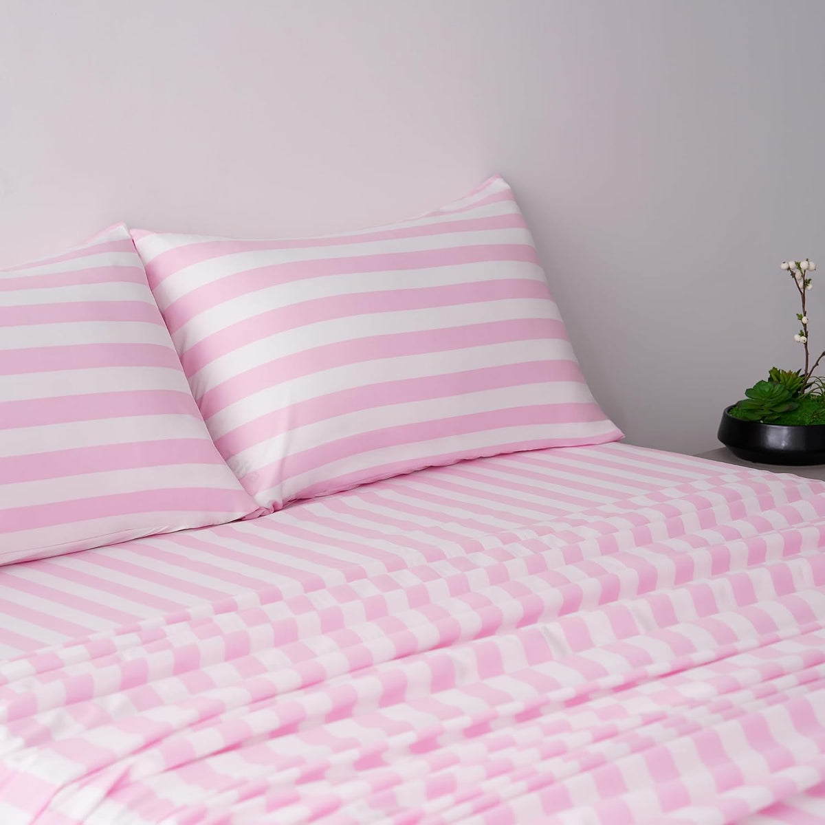 Queen Size Sheet Set 4 Piece -Pinstripe Microfiber Soft Durable Bedding Sheet Set,Deep Pocket,Stain,Fade & Wrinkle Resistant (Stripe Pink&White)