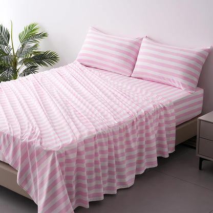 Queen Size Sheet Set 4 Piece -Pinstripe Microfiber Soft Durable Bedding Sheet Set,Deep Pocket,Stain,Fade & Wrinkle Resistant (Stripe Pink&White)