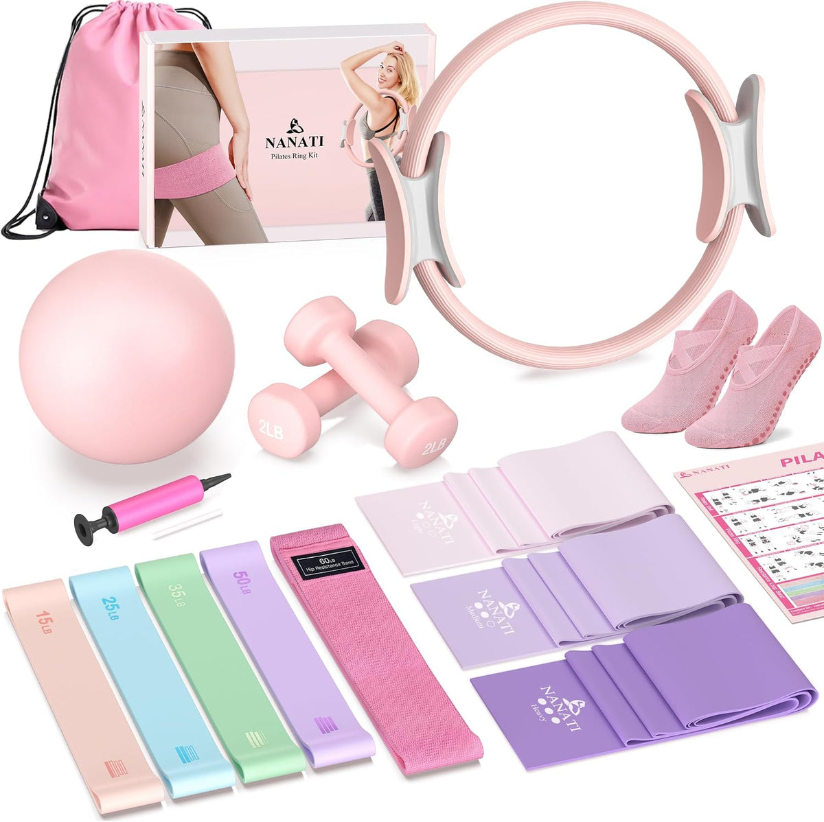 Pilates Kit, Home Pilates Workout Kit for Women, Pilates Equipment with 14.5" Pilates Ring and Ball, Resistance Bands, Dumbbells & Grip Socks for Home Workouts