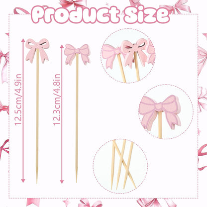 200Pcs Coquette Bow Cocktail Picks,4.7 Inch Pink Bow Toothpicks Bowknot Cocktail Appetizer Picks for Valentines Galentines Birthday Bachelorette Bridal Shower Party Supplies