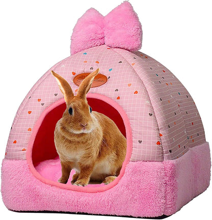 Bunny Hideout Bed - Warm Rabbit House with Cute Bowknot, Cozy Hideouts & Cage Accessory for Guinea Pigs, Chinchillas, Hamsters (Pink)