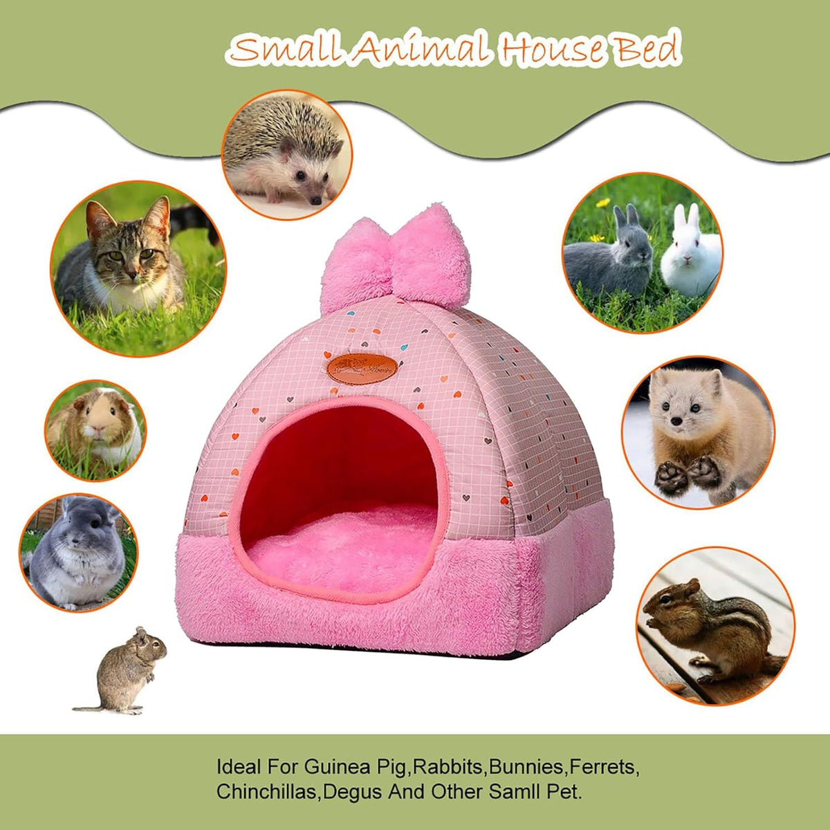 Bunny Hideout Bed - Warm Rabbit House with Cute Bowknot, Cozy Hideouts & Cage Accessory for Guinea Pigs, Chinchillas, Hamsters (Pink)