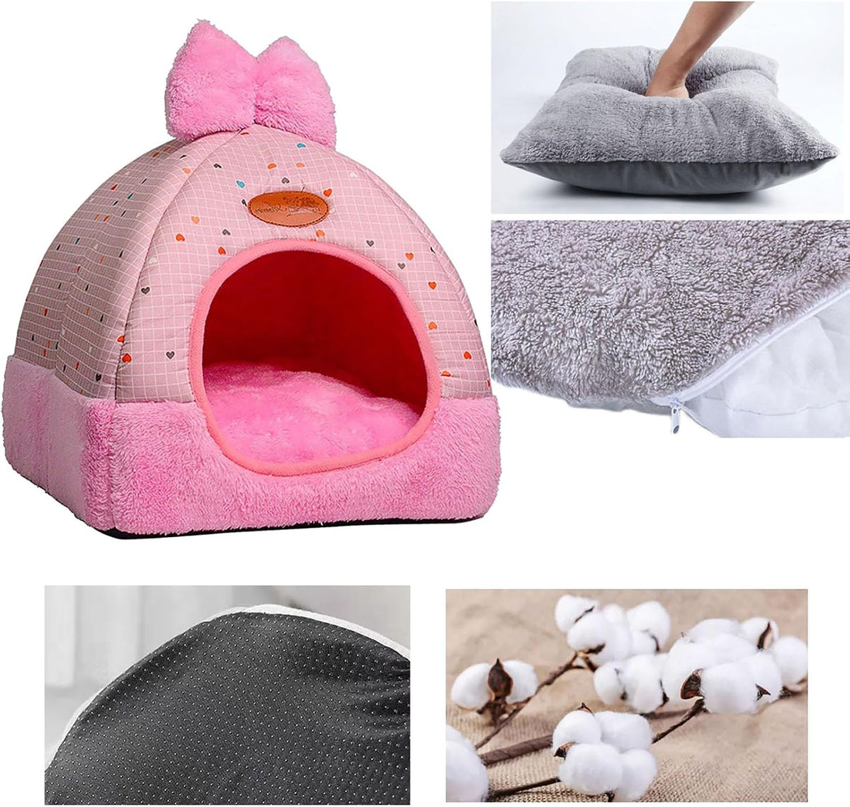 Bunny Hideout Bed - Warm Rabbit House with Cute Bowknot, Cozy Hideouts & Cage Accessory for Guinea Pigs, Chinchillas, Hamsters (Pink)