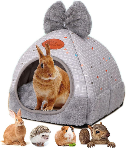 Bunny Hideout Bed - Warm Rabbit House with Cute Bowknot, Cozy Hideouts & Cage Accessory for Guinea Pigs, Chinchillas, Hamsters (Pink)