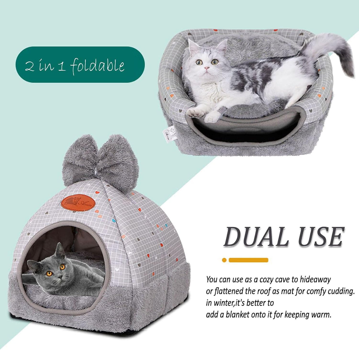 Bunny Hideout Bed - Warm Rabbit House with Cute Bowknot, Cozy Hideouts & Cage Accessory for Guinea Pigs, Chinchillas, Hamsters (Pink)