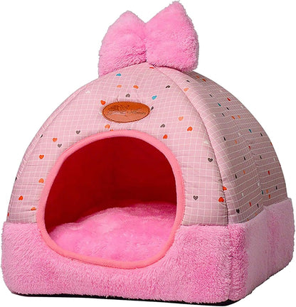 Bunny Hideout Bed - Warm Rabbit House with Cute Bowknot, Cozy Hideouts & Cage Accessory for Guinea Pigs, Chinchillas, Hamsters (Pink)