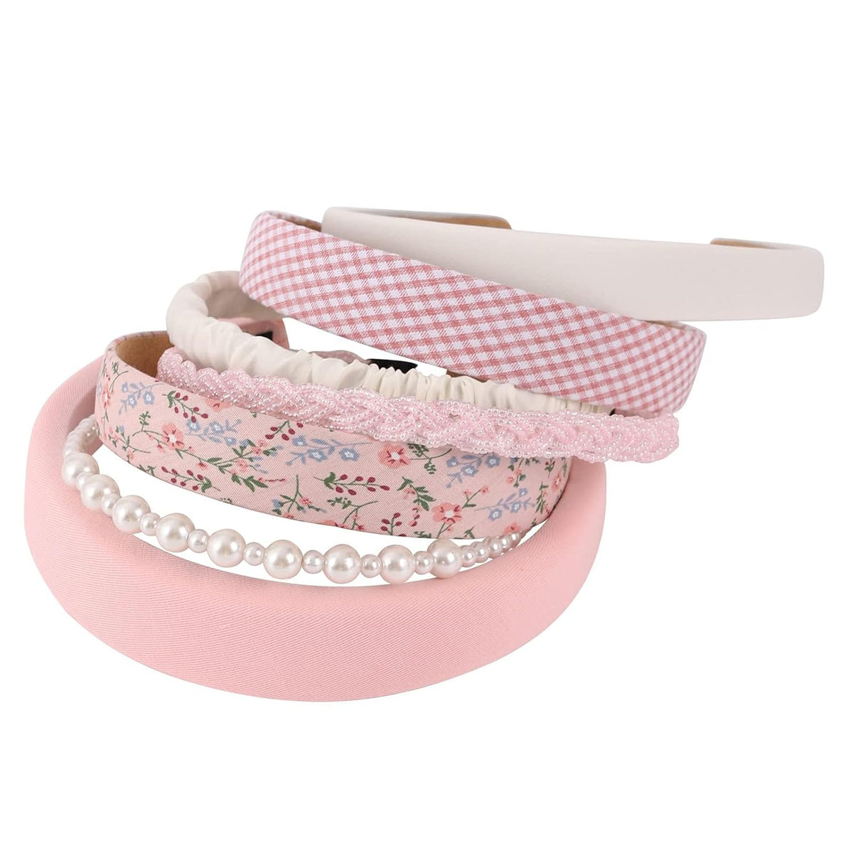 Women's Pearl Floral Padded Wide Bandana Headbands, Vintage Hair Accessories, Pink