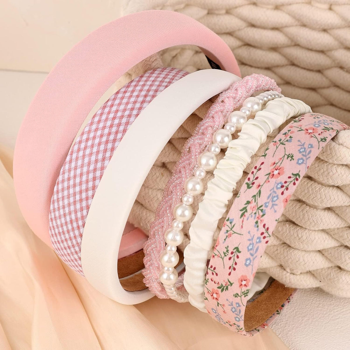 Women's Pearl Floral Padded Wide Bandana Headbands, Vintage Hair Accessories, Pink