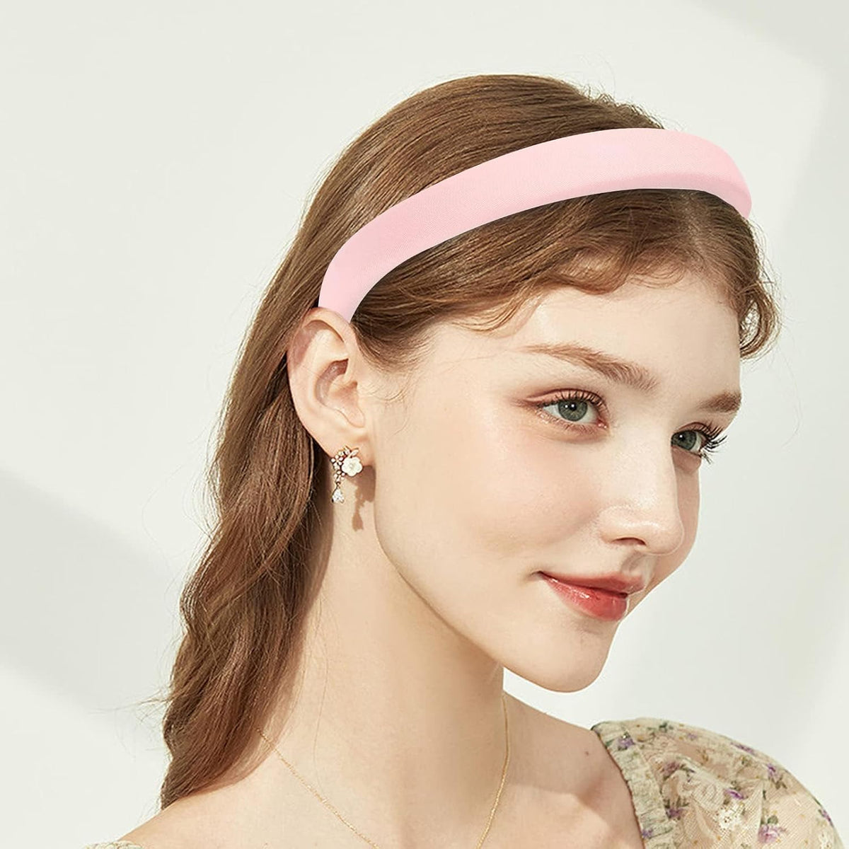Women's Pearl Floral Padded Wide Bandana Headbands, Vintage Hair Accessories, Pink