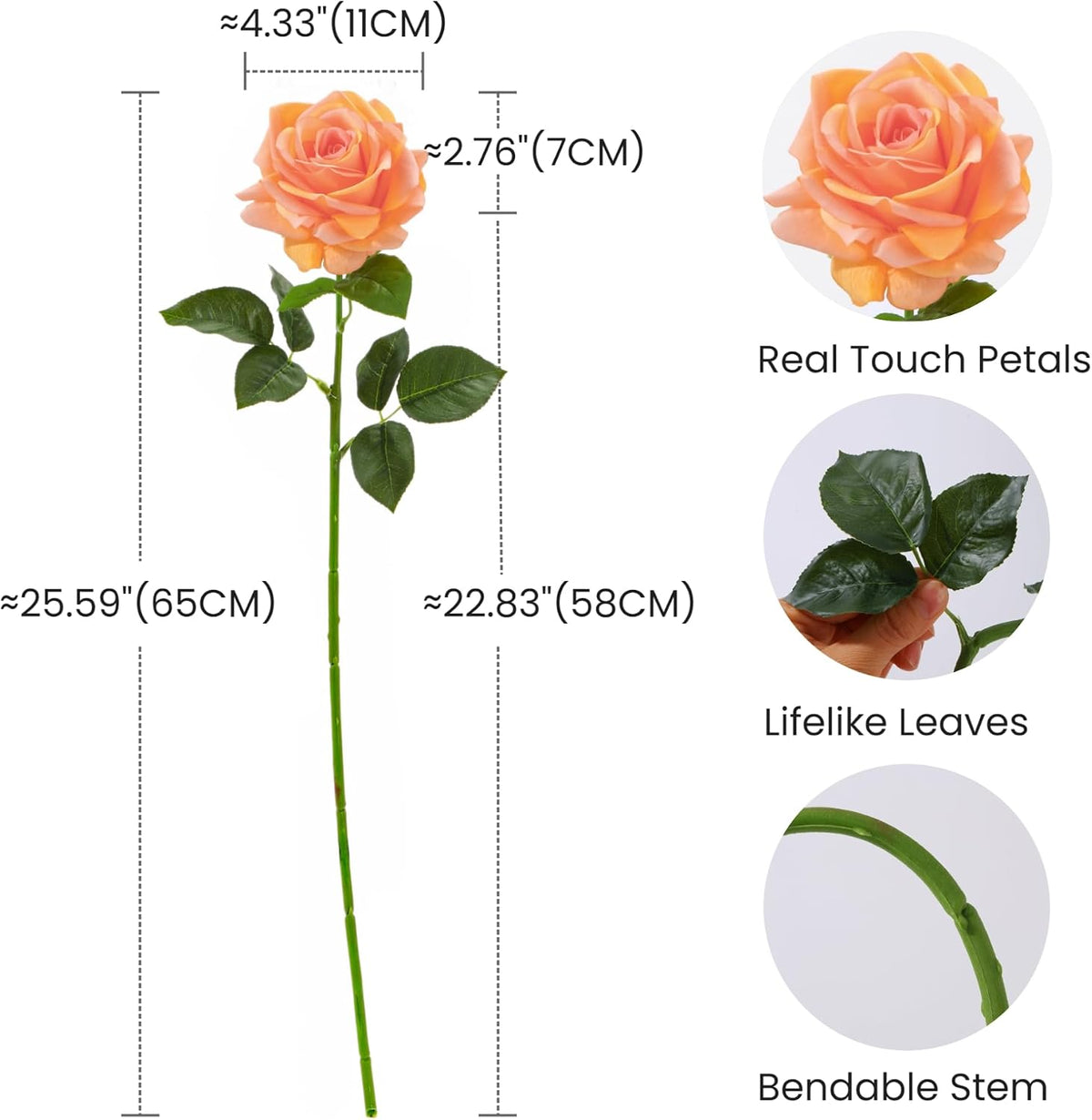 Real Touch Artificial Roses, 5Pcs Peach Orange Faux Silk Flowers