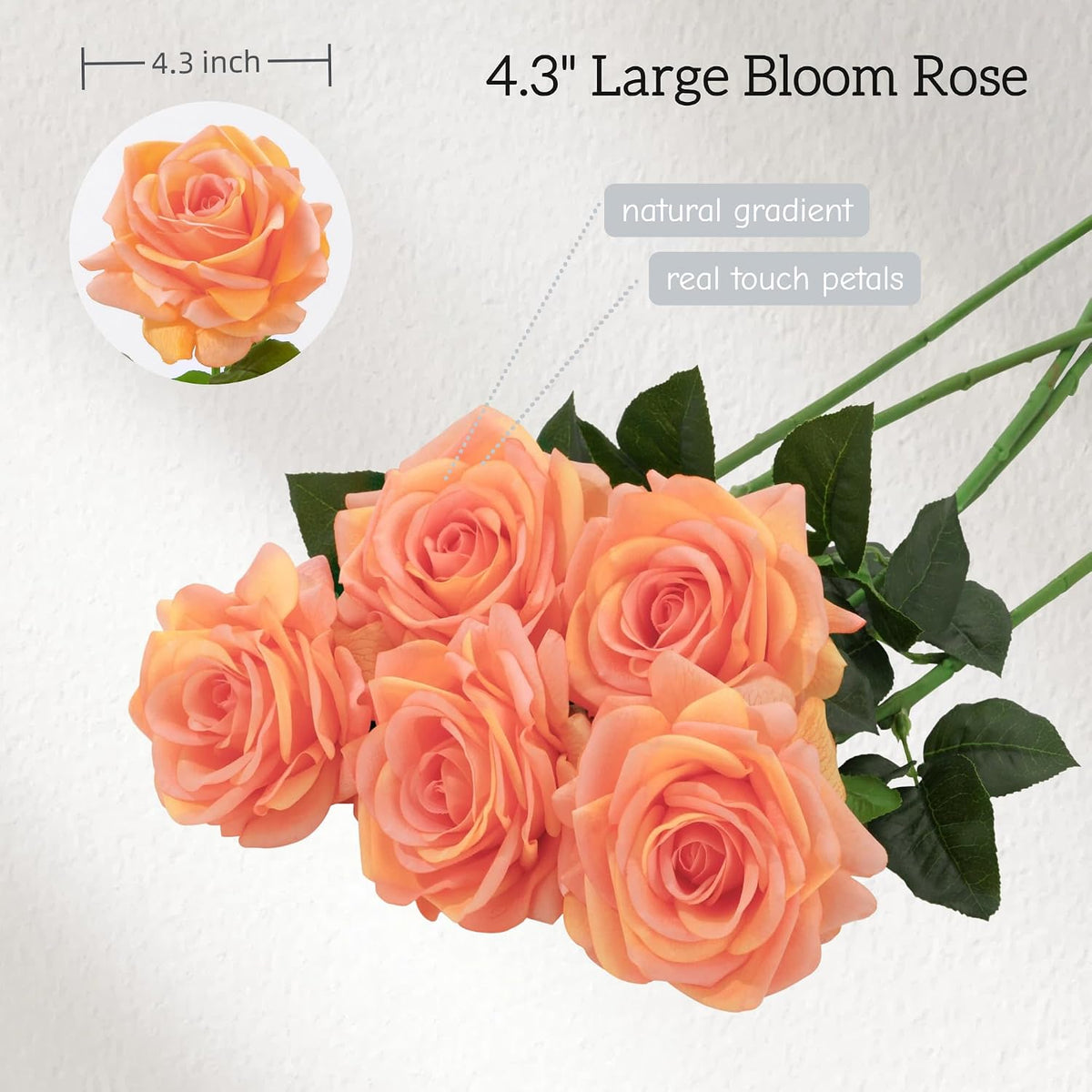 Real Touch Artificial Roses, 5Pcs Peach Orange Faux Silk Flowers