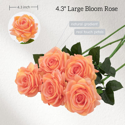 Real Touch Artificial Roses, 5Pcs Peach Orange Faux Silk Flowers