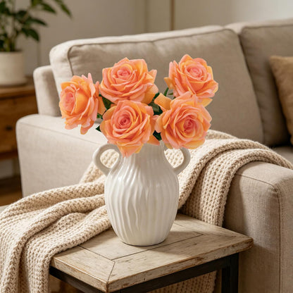 Real Touch Artificial Roses, 5Pcs Peach Orange Faux Silk Flowers