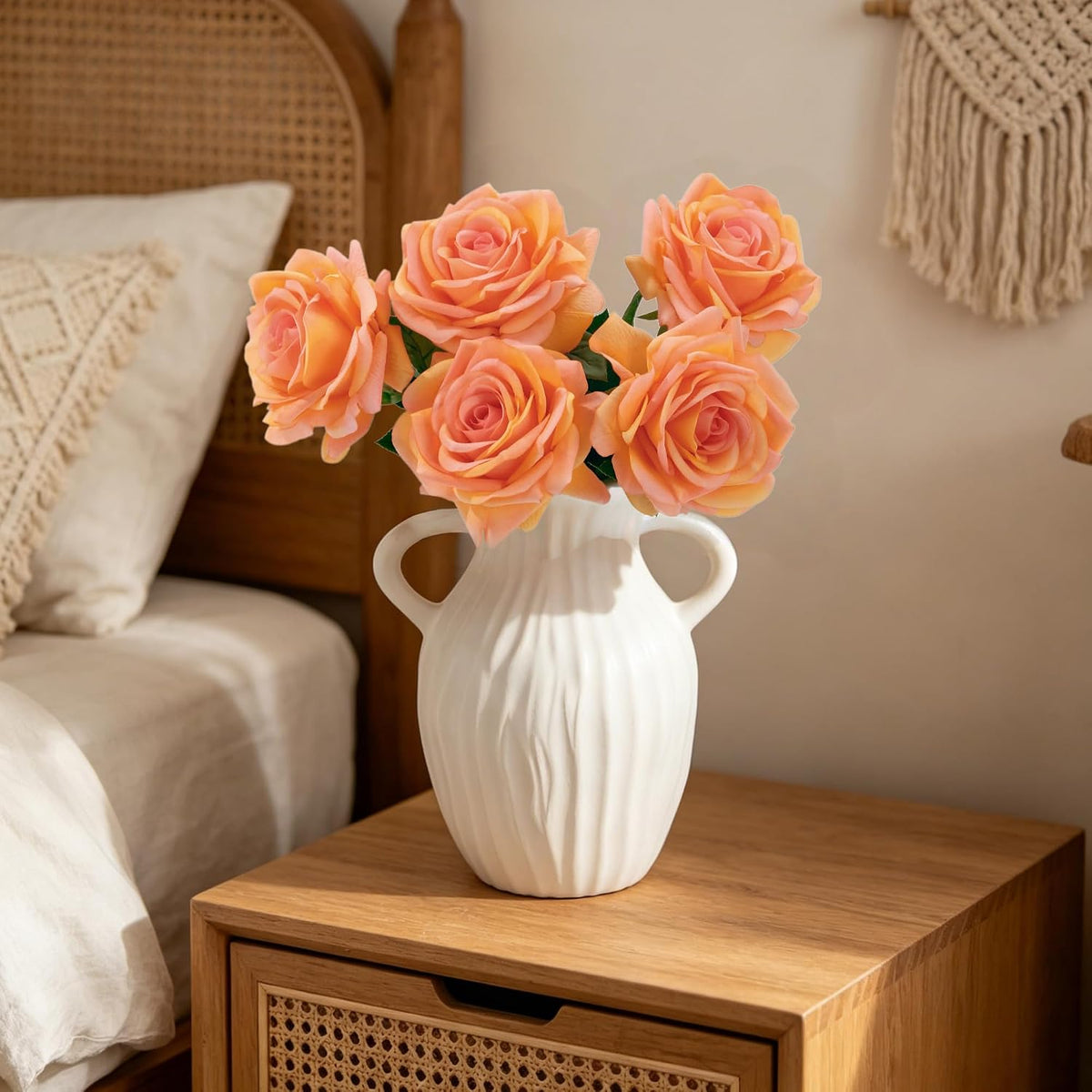 Real Touch Artificial Roses, 5Pcs Peach Orange Faux Silk Flowers
