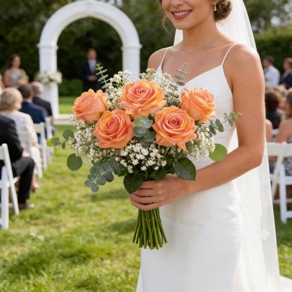 Real Touch Artificial Roses, 5Pcs Peach Orange Faux Silk Flowers