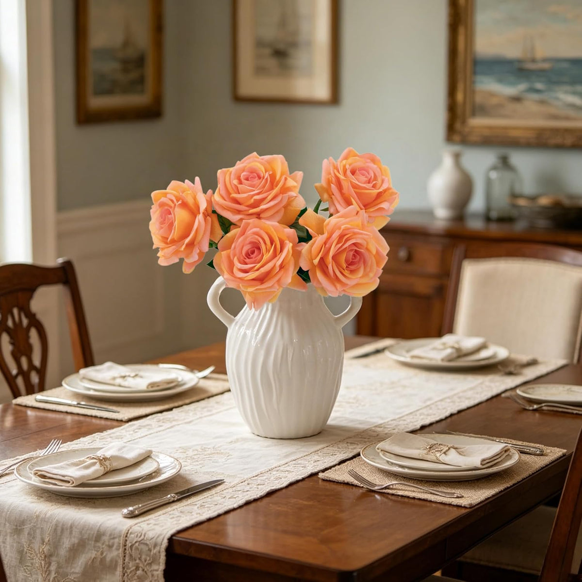 Real Touch Artificial Roses, 5Pcs Peach Orange Faux Silk Flowers