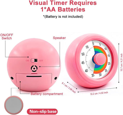 Visual Timer for Kids & Adults, 60 Minute Rainbow Countdown Timer, Time Management Tool for Classroom, Home, Kitchen, Office, School (Pink-Round-Rainbow)