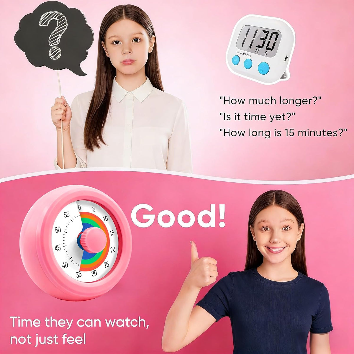 Visual Timer for Kids & Adults, 60 Minute Rainbow Countdown Timer, Time Management Tool for Classroom, Home, Kitchen, Office, School (Pink-Round-Rainbow)