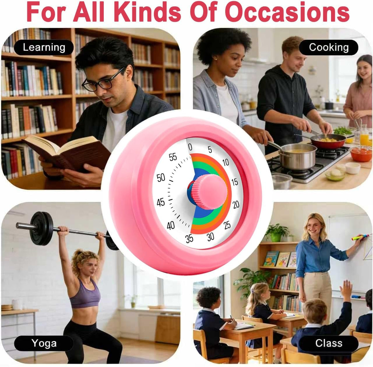 Visual Timer for Kids & Adults, 60 Minute Rainbow Countdown Timer, Time Management Tool for Classroom, Home, Kitchen, Office, School (Pink-Round-Rainbow)