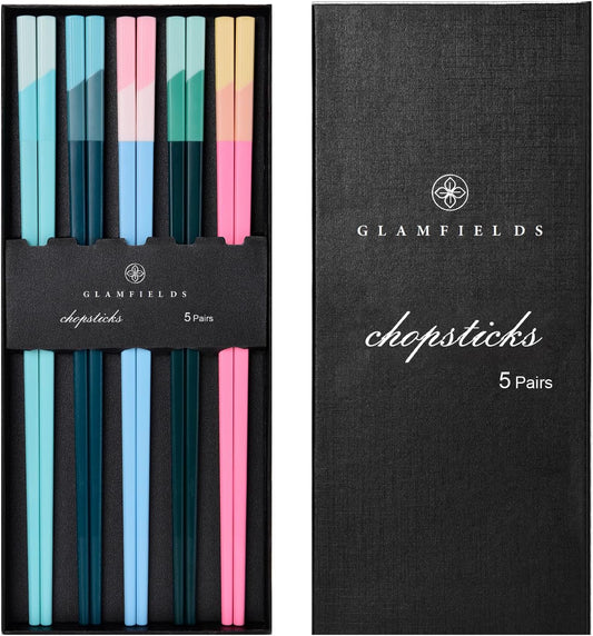 Chopsticks Reusable Dishwasher Safe, 5 Pairs 9.5 Inches Premium Chop Sticks Set for Sushi, Ramen, Asian Cuisine, Matte Non-slip with Gift Case, Pink + Light Blue