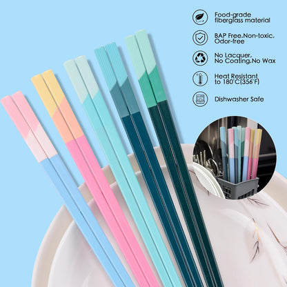 Chopsticks Reusable Dishwasher Safe, 5 Pairs 9.5 Inches Premium Chop Sticks Set for Sushi, Ramen, Asian Cuisine, Matte Non-slip with Gift Case, Pink + Light Blue