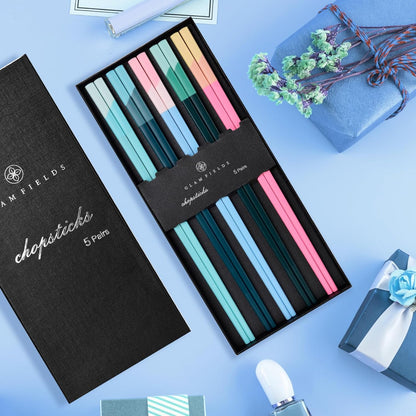 Chopsticks Reusable Dishwasher Safe, 5 Pairs 9.5 Inches Premium Chop Sticks Set for Sushi, Ramen, Asian Cuisine, Matte Non-slip with Gift Case, Pink + Light Blue