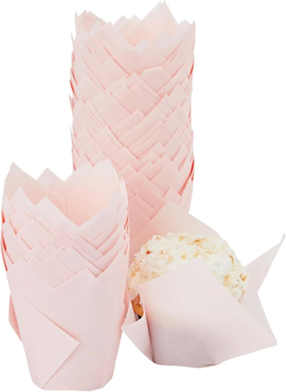 Tulip Cupcake Liners - Elegant Tulip Design & Wedding Cupcake Liners - Moisture-Retaining Cute Muffin Cups - Easy-Cleanup Baking Cups - 100 Pack, Pink, 2 x 2 in Base, 2.5-3.5 in Height