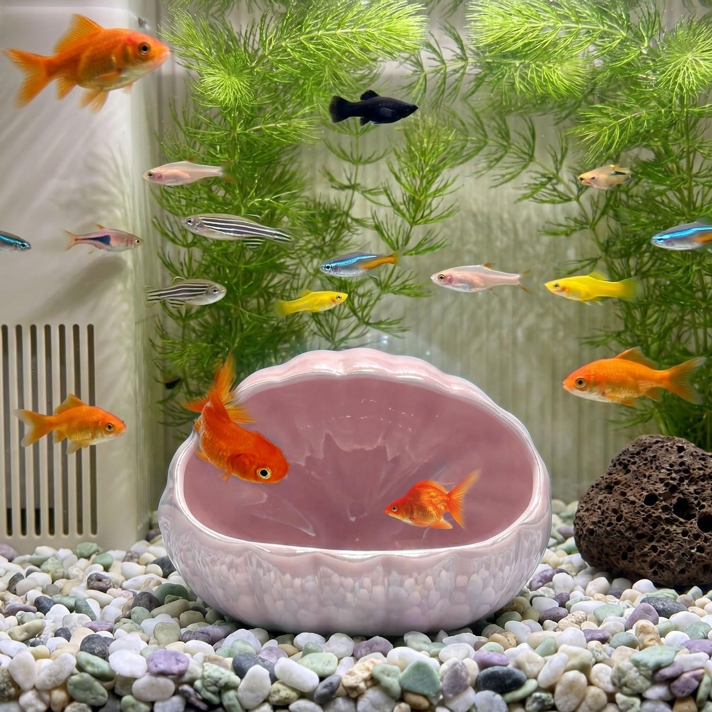 Aquarium Decor Cave Betta Fish Tank Accessories Ornament Hiding Shell Shape Ceramic House Hideout Fish Tank Decor Shelter for Small Fish Shrimp Goldfish Cichlid Hermit Crab Octopus (Pink)