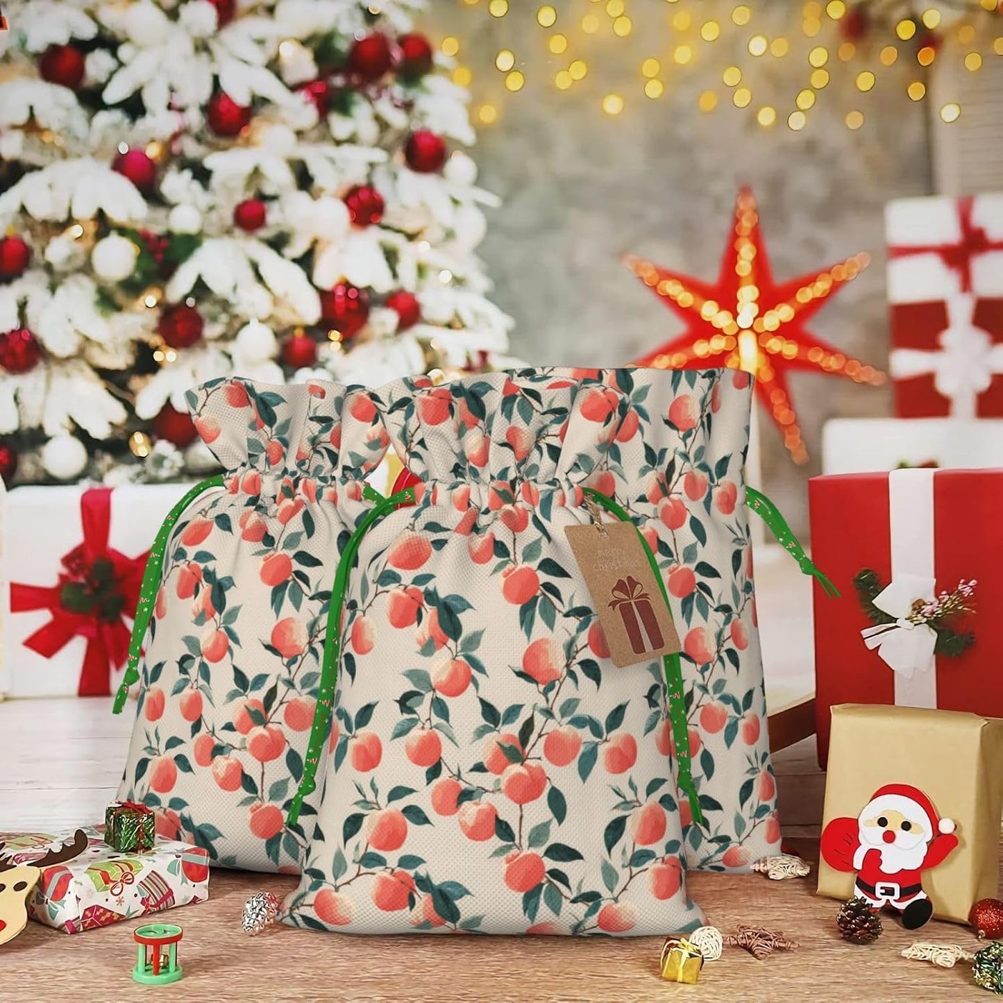 Fruits Peach (3) Print Christmas Drawstring Gift Bags, Reusable Candy Treat Bags For Holiday Birthday Party