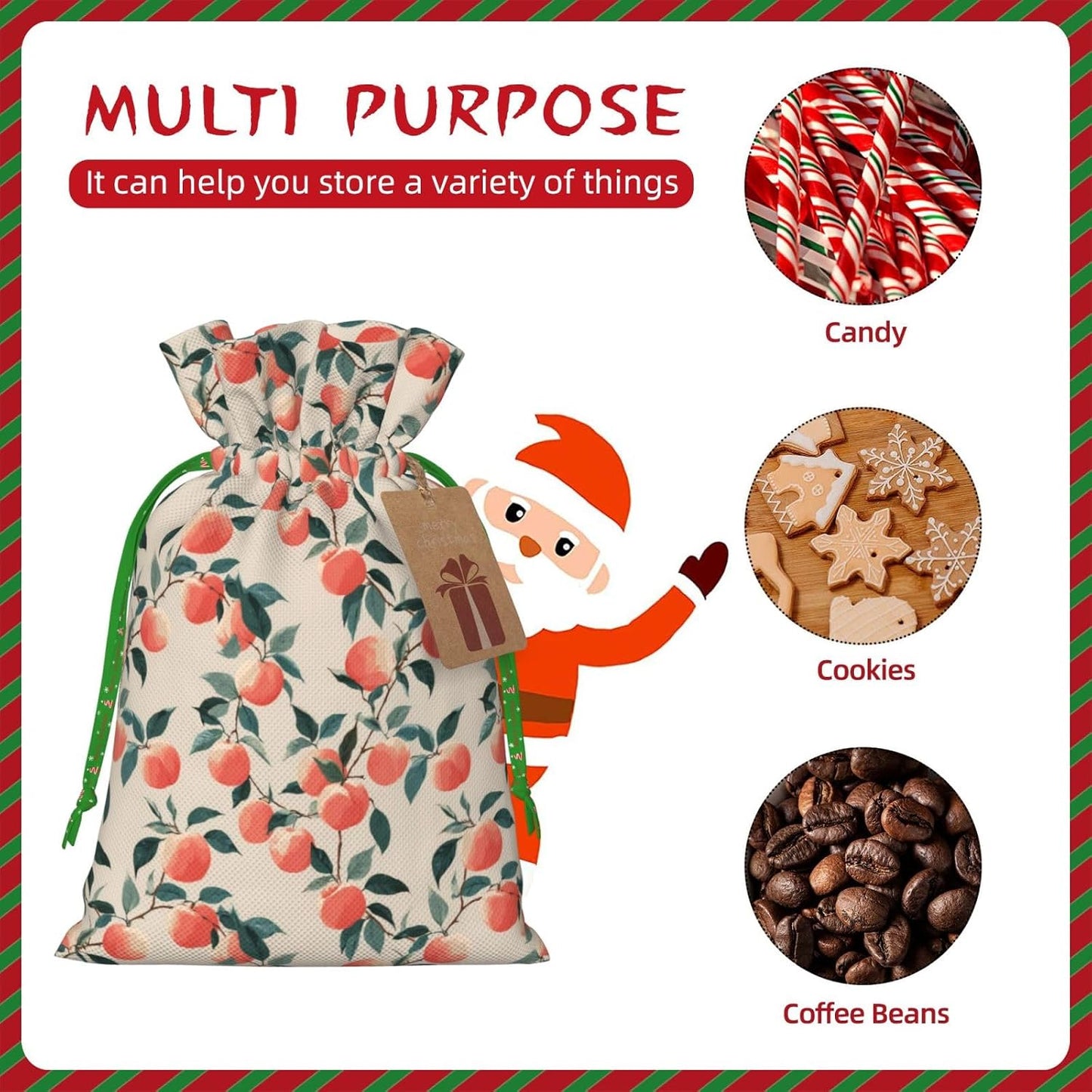 Fruits Peach (3) Print Christmas Drawstring Gift Bags, Reusable Candy Treat Bags For Holiday Birthday Party