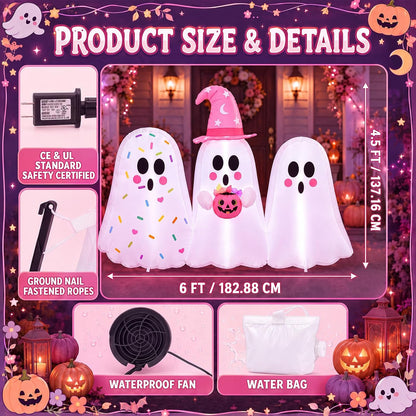 6ft Tall Pink Halloween Inflatable Pastel Ghost Outdoor Decoration