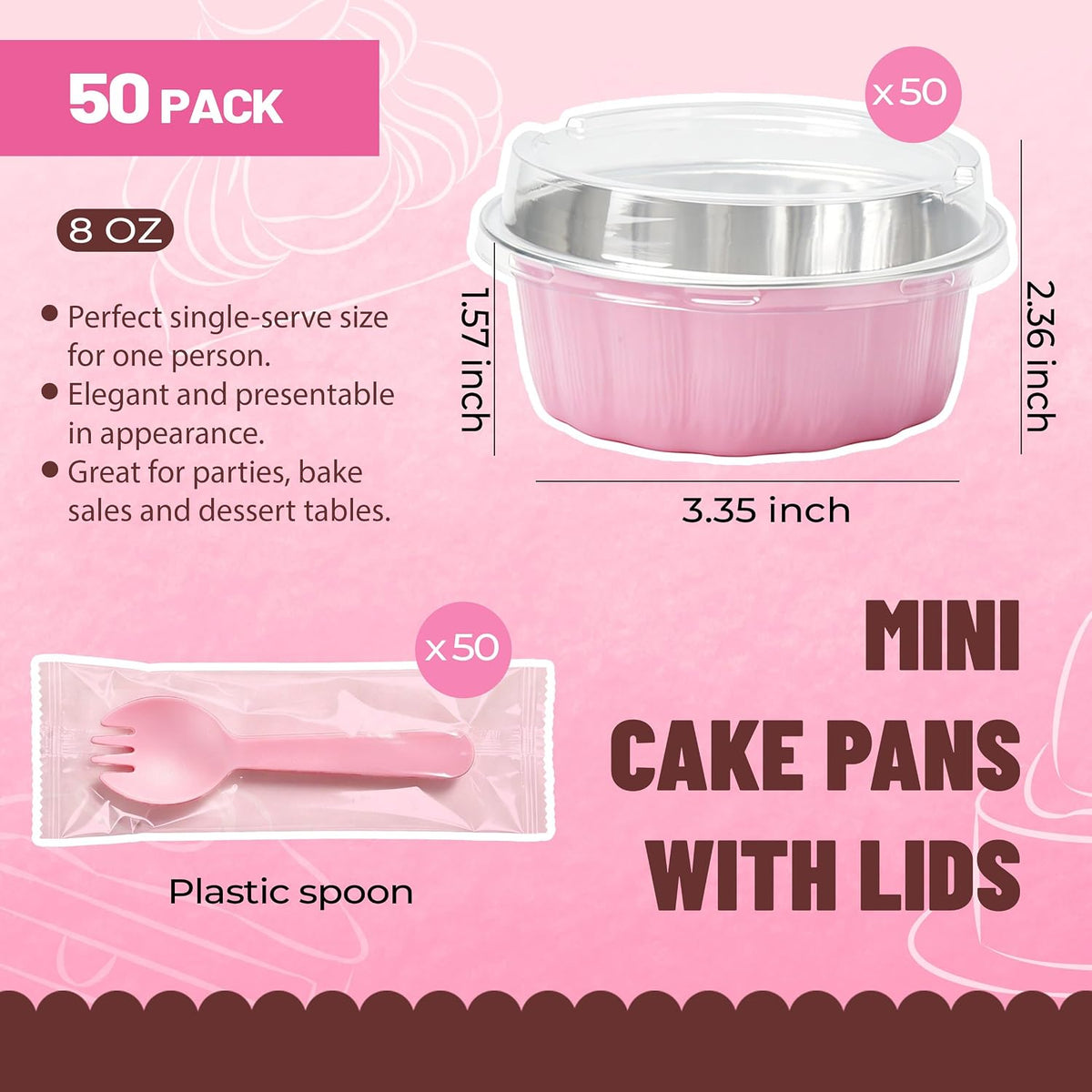 Ramekins with Lids Mini Cake Pans,50 Pack Pink 8oz for Party Favors