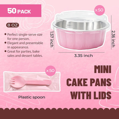 Ramekins with Lids Mini Cake Pans,50 Pack Pink 8oz for Party Favors