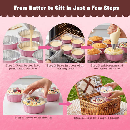 Ramekins with Lids Mini Cake Pans,50 Pack Pink 8oz for Party Favors