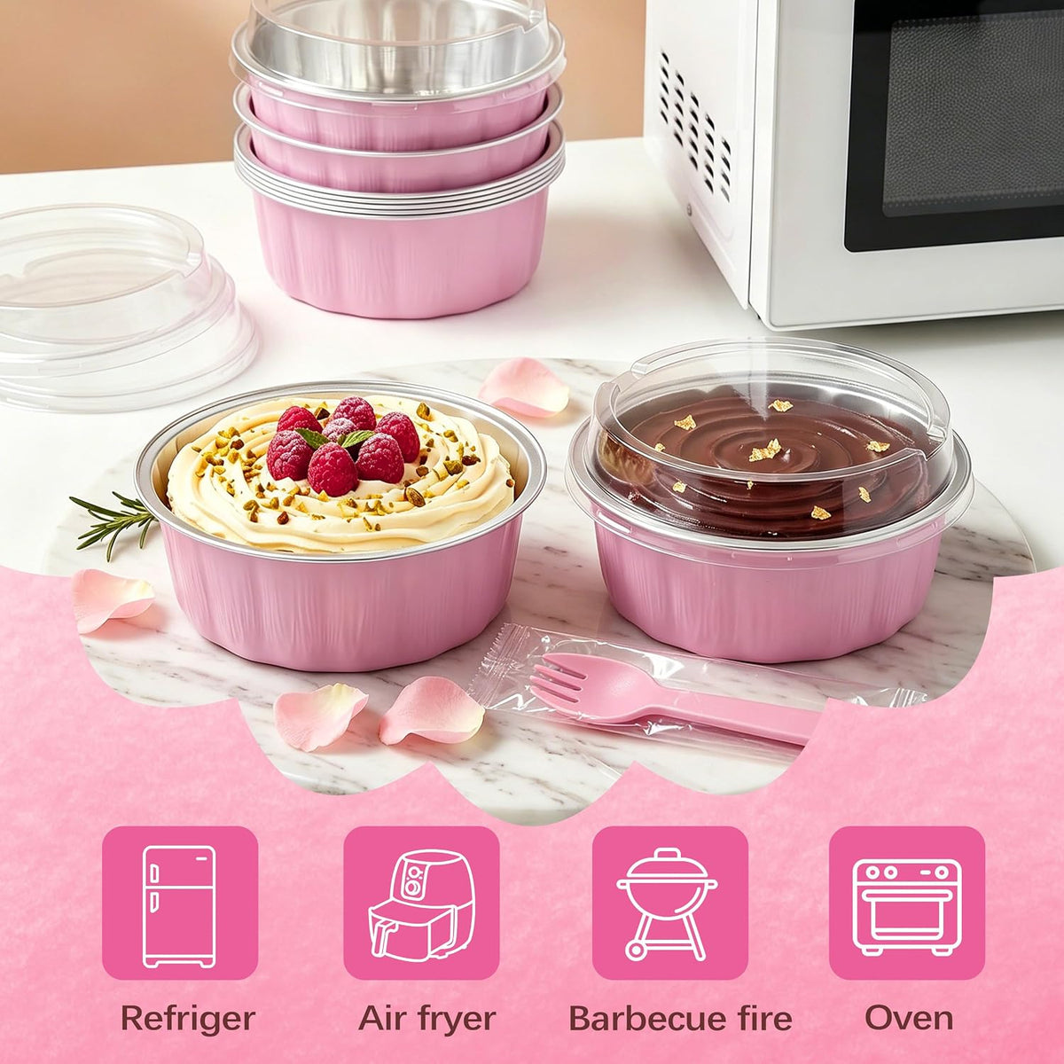 Ramekins with Lids Mini Cake Pans,50 Pack Pink 8oz for Party Favors
