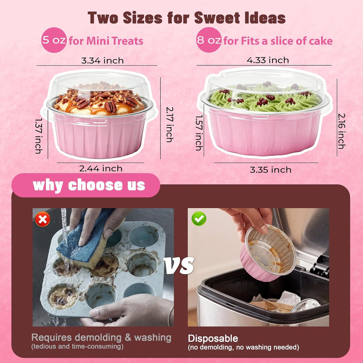 Ramekins with Lids Mini Cake Pans,50 Pack Pink 8oz for Party Favors