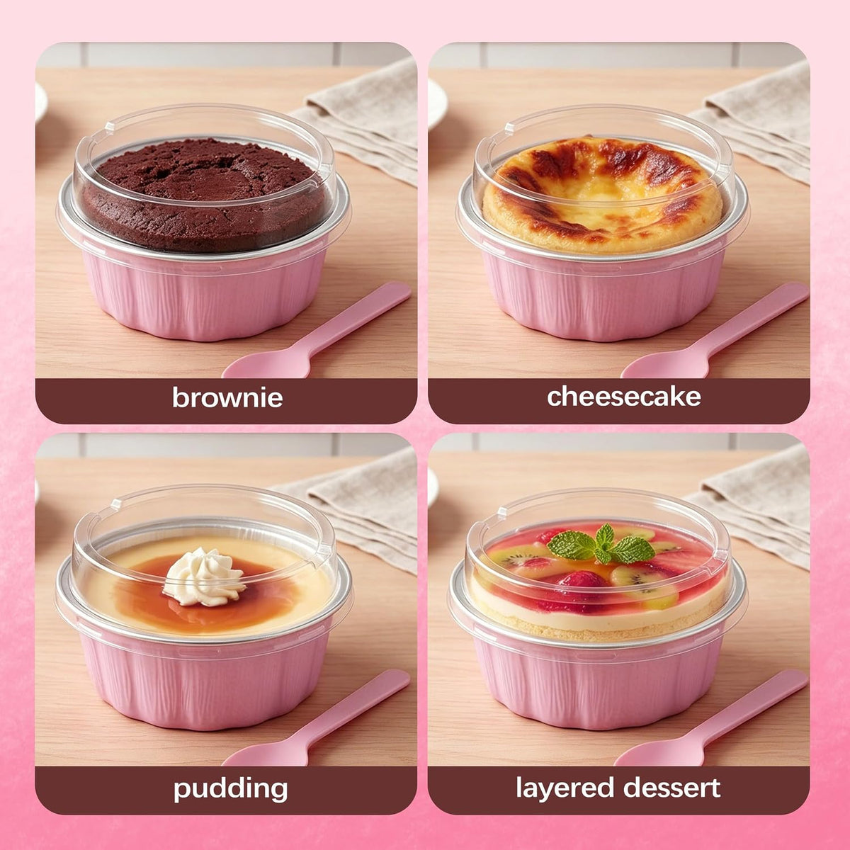 Ramekins with Lids Mini Cake Pans,50 Pack Pink 8oz for Party Favors