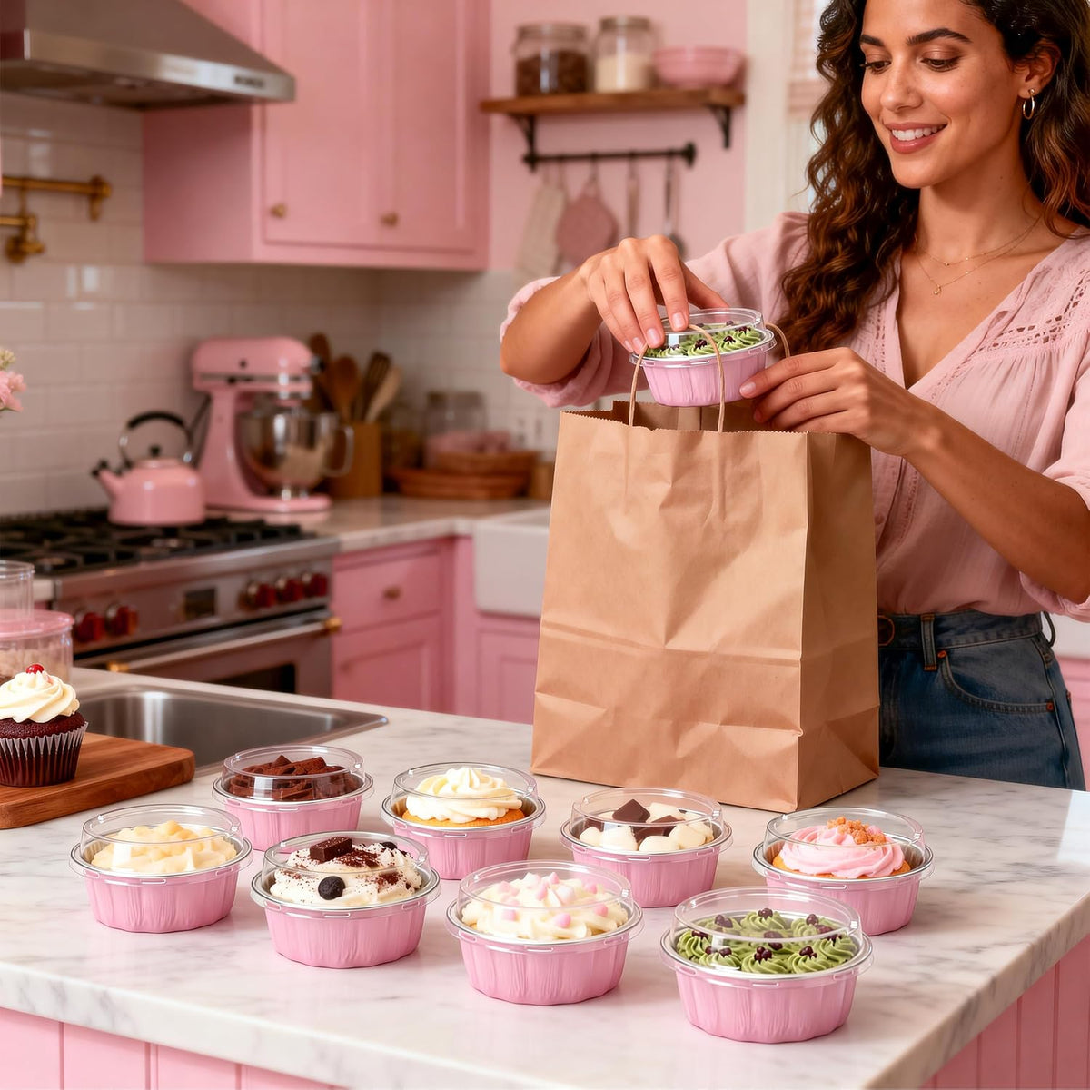 Ramekins with Lids Mini Cake Pans,50 Pack Pink 8oz for Party Favors