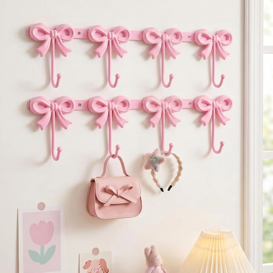 2 Pack Pink Bow Hooks Coat Rack Wall Mounted Metal 4 Hooks