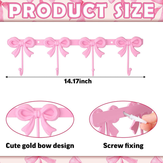 2 Pack Pink Bow Hooks Coat Rack Wall Mounted Metal 4 Hooks