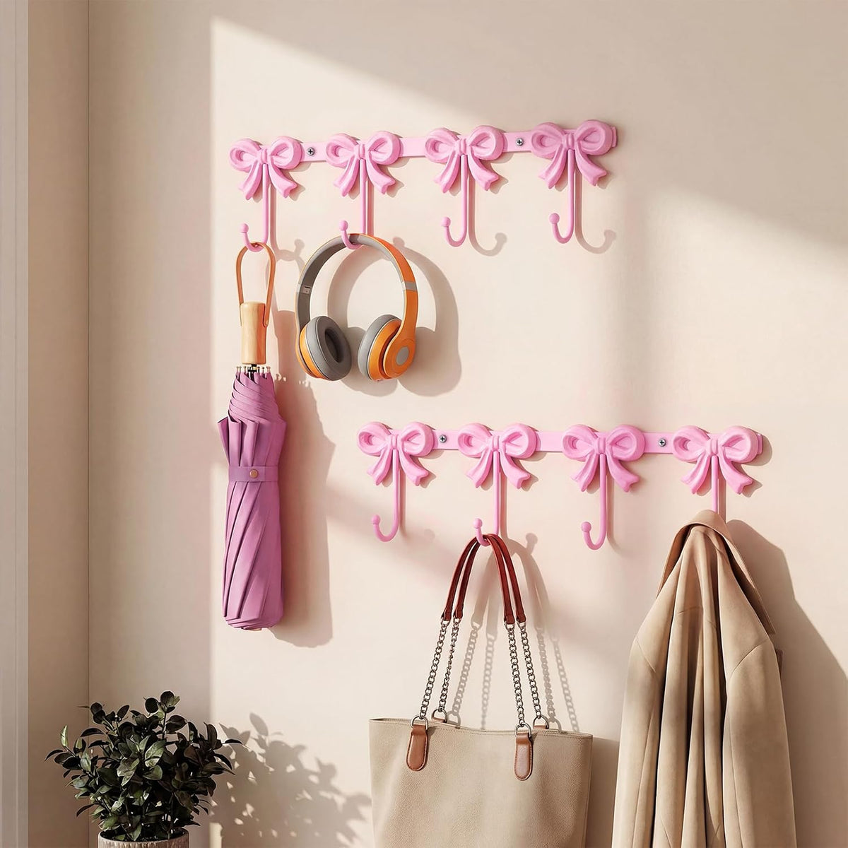 2 Pack Pink Bow Hooks Coat Rack Wall Mounted Metal 4 Hooks