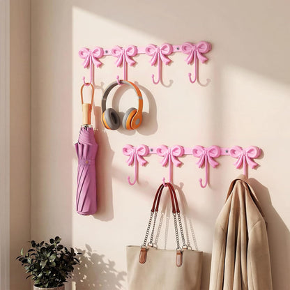 2 Pack Pink Bow Hooks Coat Rack Wall Mounted Metal 4 Hooks