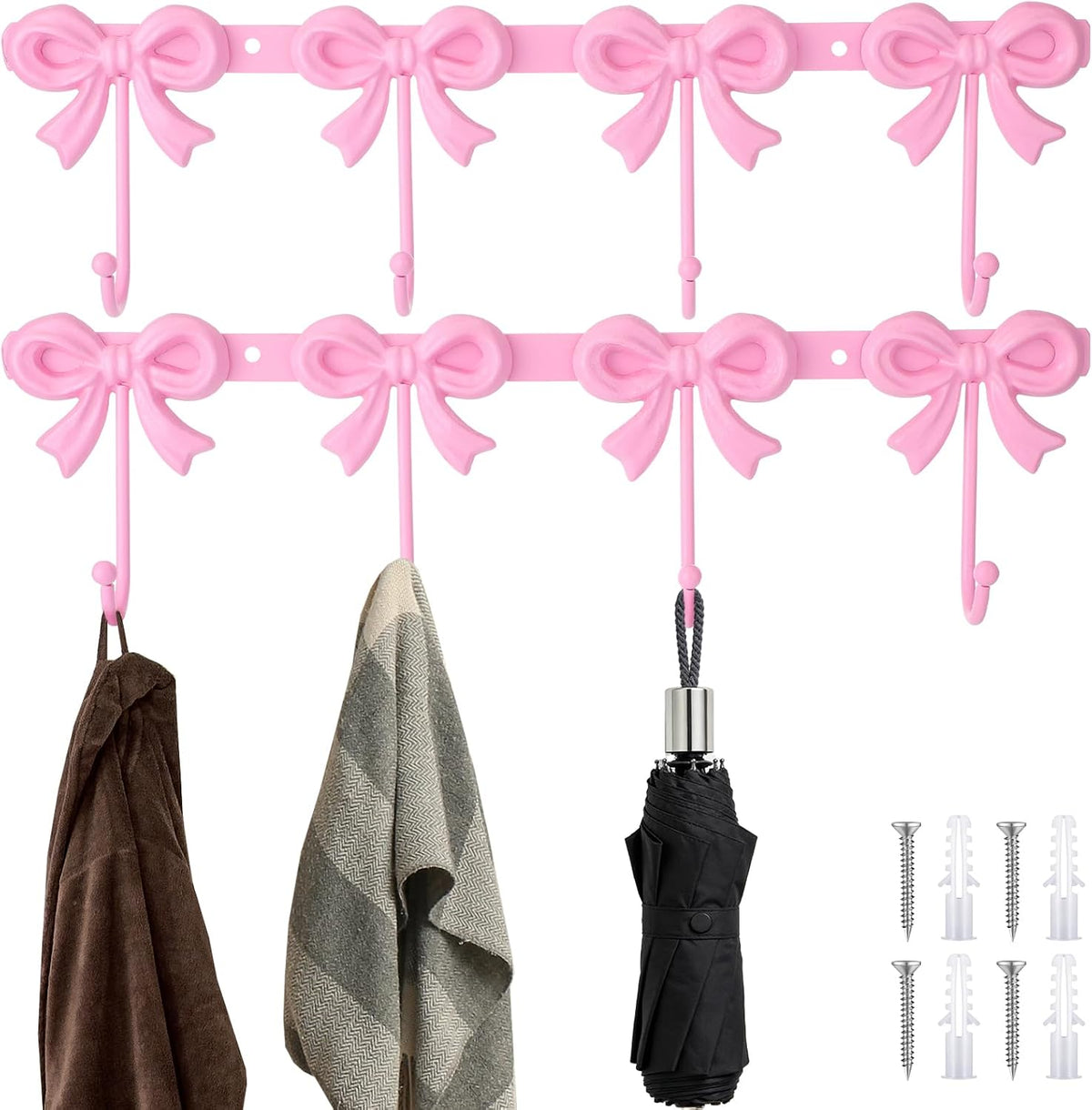 2 Pack Pink Bow Hooks Coat Rack Wall Mounted Metal 4 Hooks