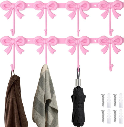 2 Pack Pink Bow Hooks Coat Rack Wall Mounted Metal 4 Hooks