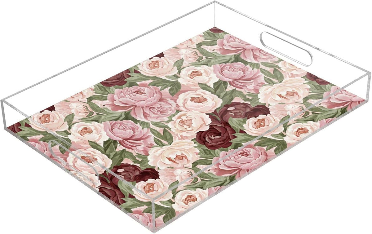 Floral Flowers Pink Leaves Print Serving Tray with Handles Decorative Ottoman Rectangle Acrylic Tray for Party Breakfast Dinner 16x12 Inch