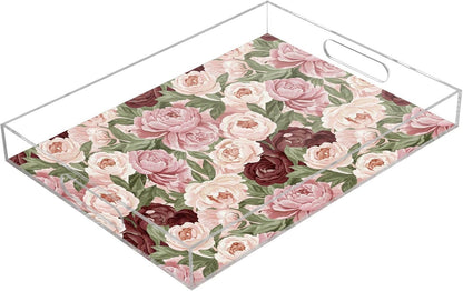Floral Flowers Pink Leaves Print Serving Tray with Handles Decorative Ottoman Rectangle Acrylic Tray for Party Breakfast Dinner 16x12 Inch