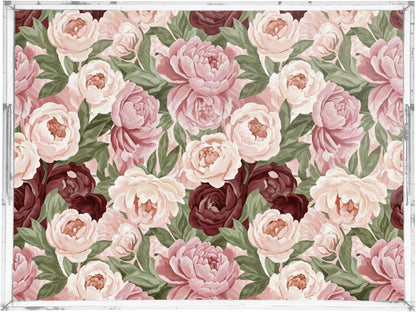 Floral Flowers Pink Leaves Print Serving Tray with Handles Decorative Ottoman Rectangle Acrylic Tray for Party Breakfast Dinner 16x12 Inch
